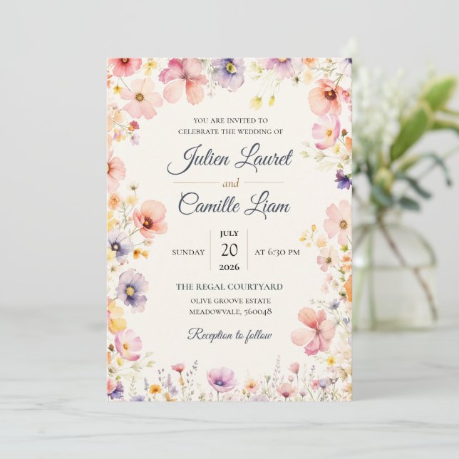 Elegant vattenfärg blommande bröllopsinbjudan inbjudningar (Stående Fram)