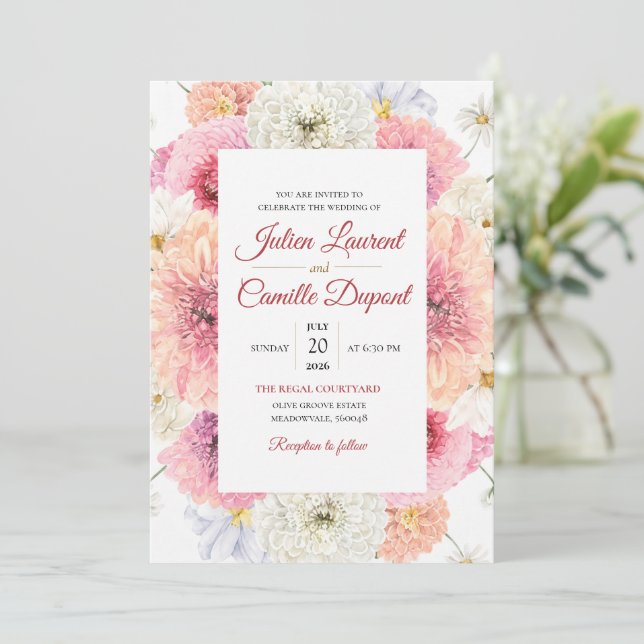 Elegant vattenfärg blommande bröllopsinbjudan inbjudningar (Stående Fram)