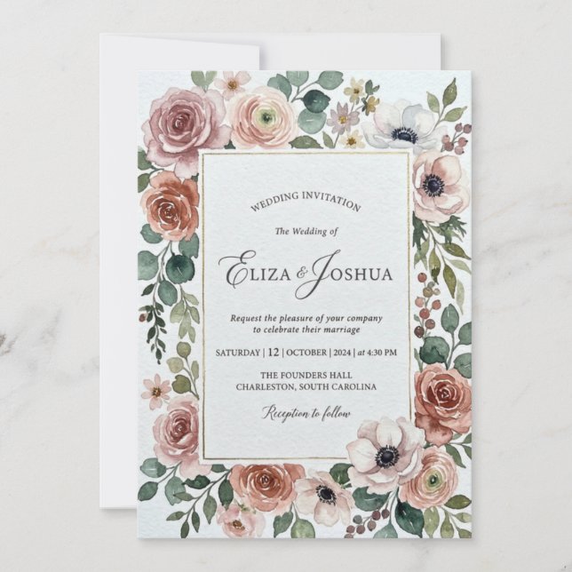 Elegant vattenfärg blommande bröllopsinbjudan  inbjudningar (Framsida)