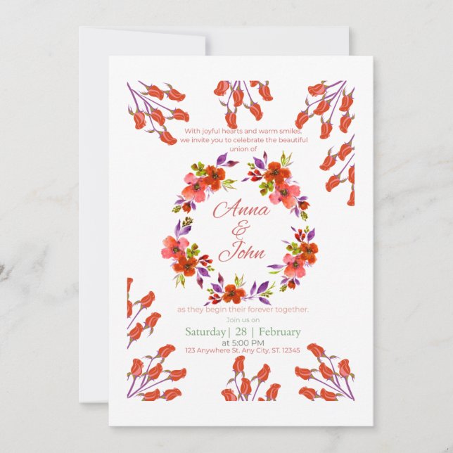 Elegant vattenfärg blommande bröllopsinbjudan inbjudningar (Framsida)