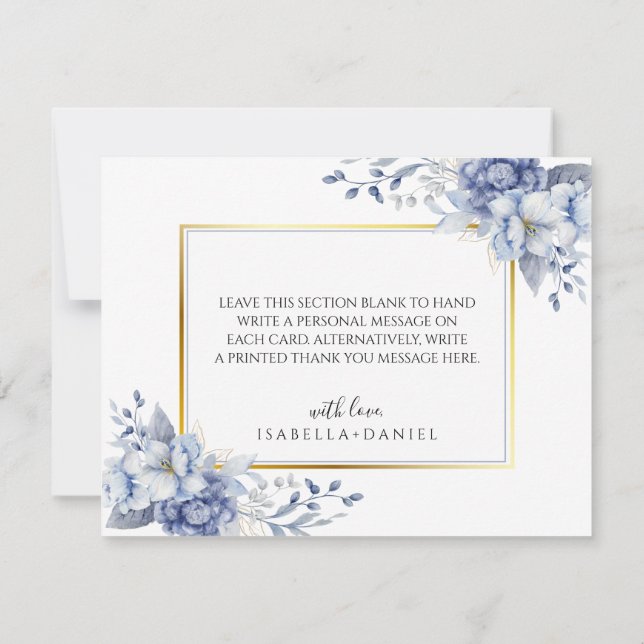 Elegant vattenfärg blommande pulverblå bröllop  tack kort (Baksida)