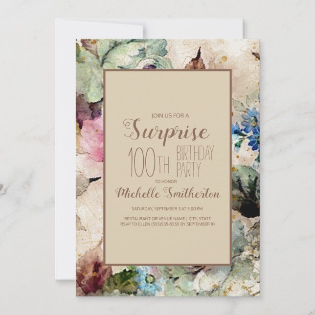 Elegant vattenfärg blommig 100-årsdag  inbjudningar (Framsida)