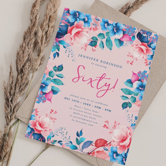 Elegant vattenfärg blommig 60-årsdag rosa inbjudningar (Elegant Watercolor Floral 60th Birthday Blush Invitation)