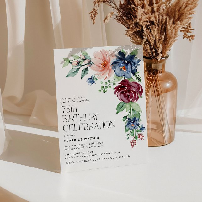 Elegant vattenfärg blommig 75-års överraskningsföd inbjudningar (Skapare uppladdad)