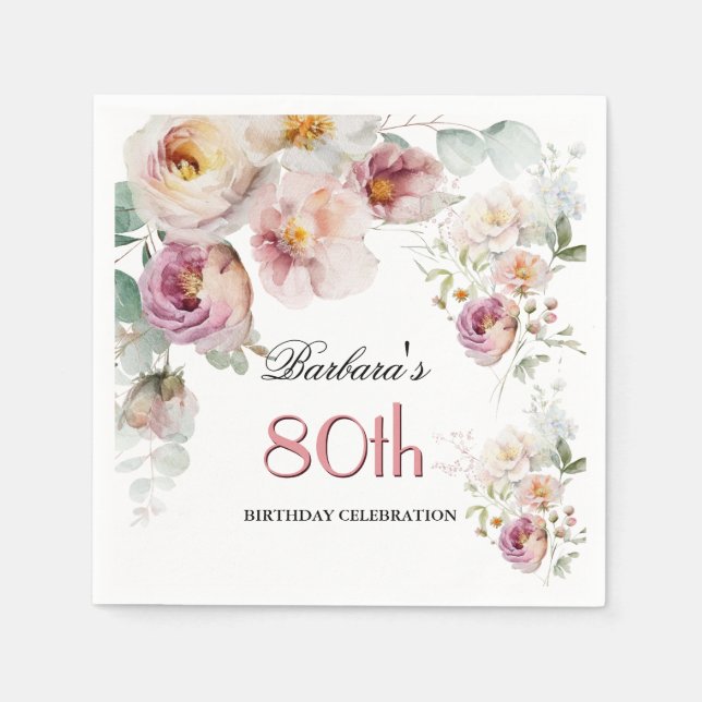 Elegant vattenfärg blommig 80-årsfest   pappersservett (Framsidan)