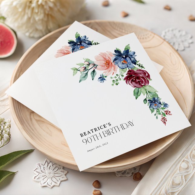 Elegant vattenfärg blommig 90-årsdag  pappersservett (Skapare uppladdad)