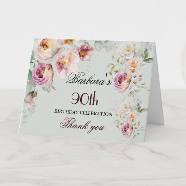 Elegant vattenfärg blommig 90-årsfest  tack kort (Skapare uppladdad)