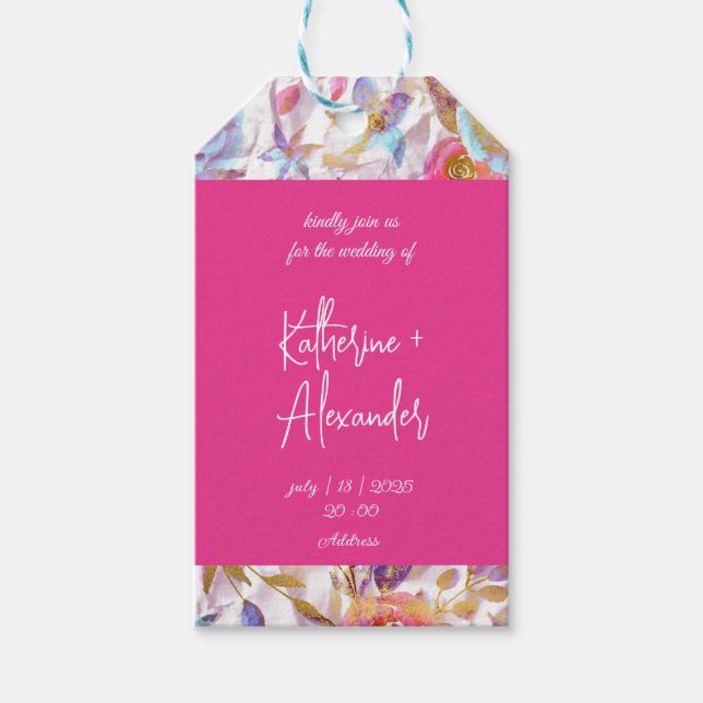 Elegant vattenfärg blommig rosa och vit  presentetikett (Framsidan)