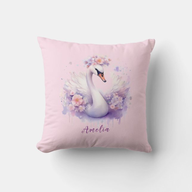 Elegant Vattenfärg Blommig Rosa Svan Dotter Presen Kudde (Framsida)