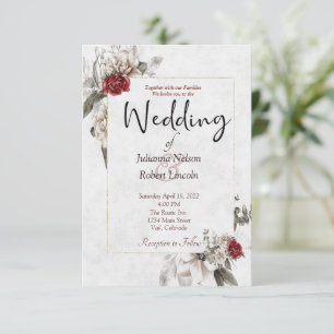 Elegant vattenfärg blommor i rött och dimma bröllo inbjudningar