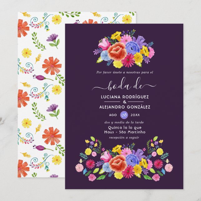 Elegant vattenfärg blomster fiesta spanskt bröllop inbjudningar (Fram/baksida)