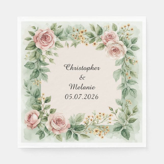 Elegant vattenfärg blomster ram pappersservett (Framsidan)