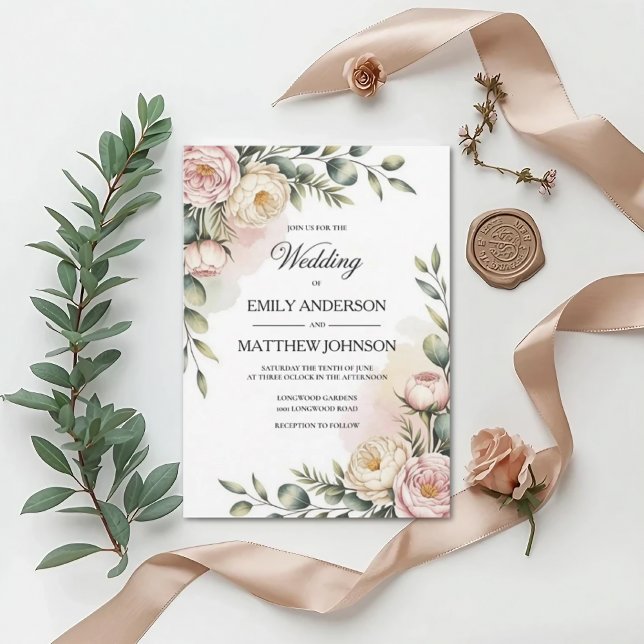 Elegant vattenfärg blomsterbröllopsinbjudan inbjudningar (Skapare uppladdad)