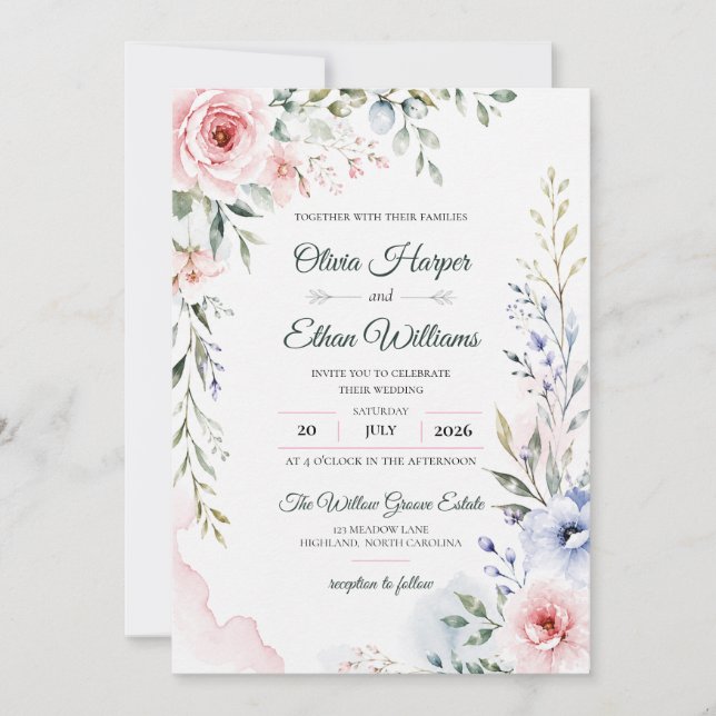 Elegant vattenfärg blomsterbröllopsinbjudan inbjudningar (Framsida)