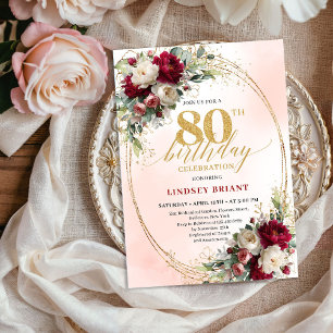 Elegant vattenfärg blomsterguld 80-årsdag inbjudningar