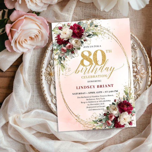 Elegant vattenfärg blomsterguld 80-årsdag  inbjudningar (Elegant Watercolor Floral 80th Birthday Gold Invite)