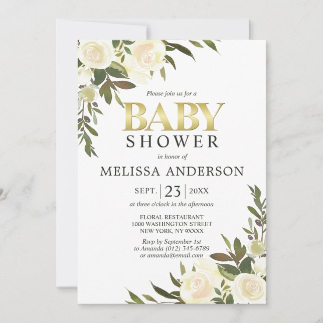 Elegant vattenfärg blomsterguldkantad baby shower inbjudningar (Framsida)