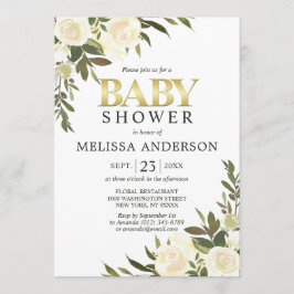 Elegant vattenfärg blomsterguldkantad baby shower inbjudningar
