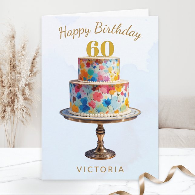 Elegant vattenfärg blomsterkak 60-årsdag kort (A personalized 60th birthday card, with picture of a colorful tiered cake on a stand)