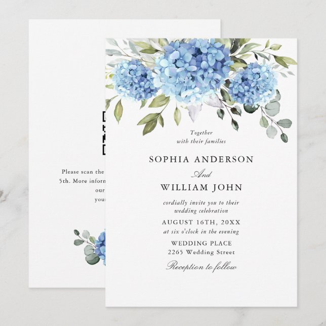 Elegant Vattenfärg Blue Hydrangea Flora Bröllop Inbjudningar (Fram/baksida)
