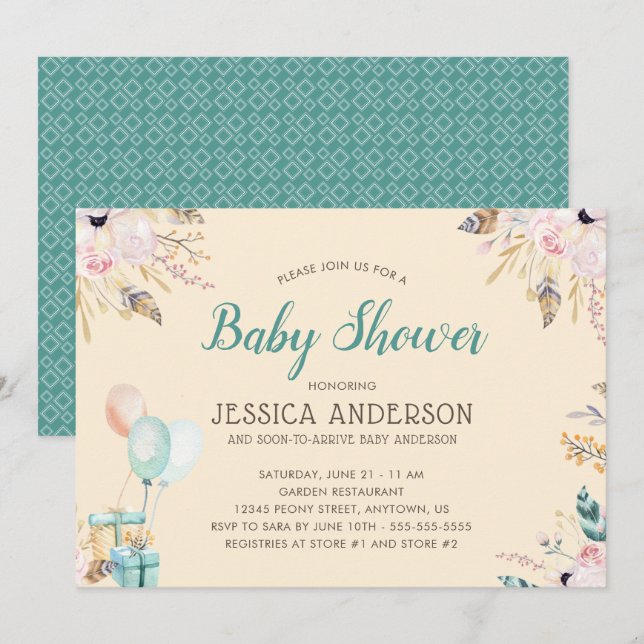 Elegant vattenfärg boho baby shower inbjudningar (Fram/baksida)