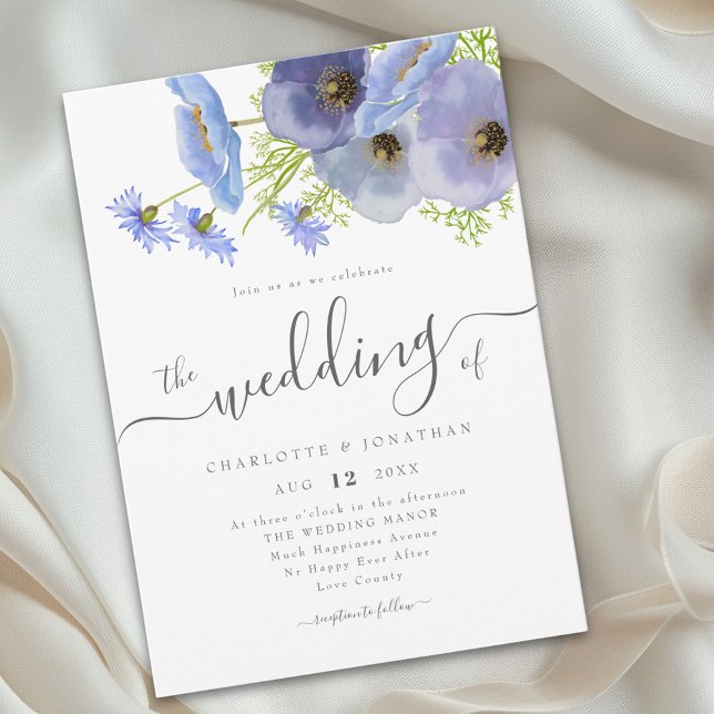 Elegant vattenfärg Boho Blommig Blå Bröllop Inbjudningar (Elegant boho wildflower blue watercolor floral bouquet garden wedding invitation)