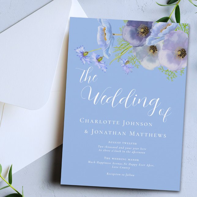 Elegant vattenfärg Boho Blommig Blå Bröllop Inbjudningar (Elegant boho wildflower bouquet blue floral wedding invitation)