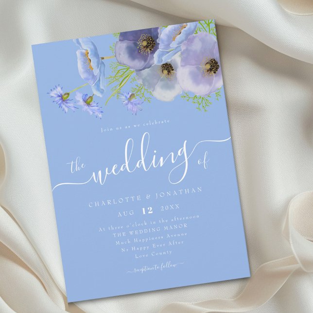 Elegant vattenfärg Boho Blommig Blå Bröllop Inbjudningar (Elegant modern watercolor wildflower bouquet blue wedding invitation)