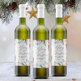 Elegant Vattenfärg Botanicals God jul Vinflaska Etikett
