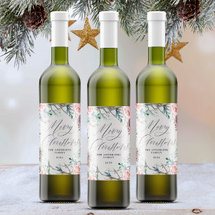 Elegant Vattenfärg Botanicals God jul Vinflaska Etikett