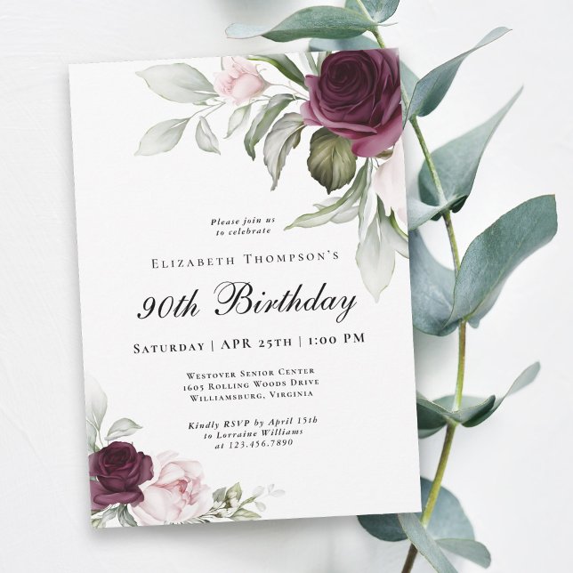 Elegant Vattenfärg Botanisk 90:e födelsedag Inbjudningar (Celebrate 90 in beautiful style with this lovely watercolor floral invitation.)