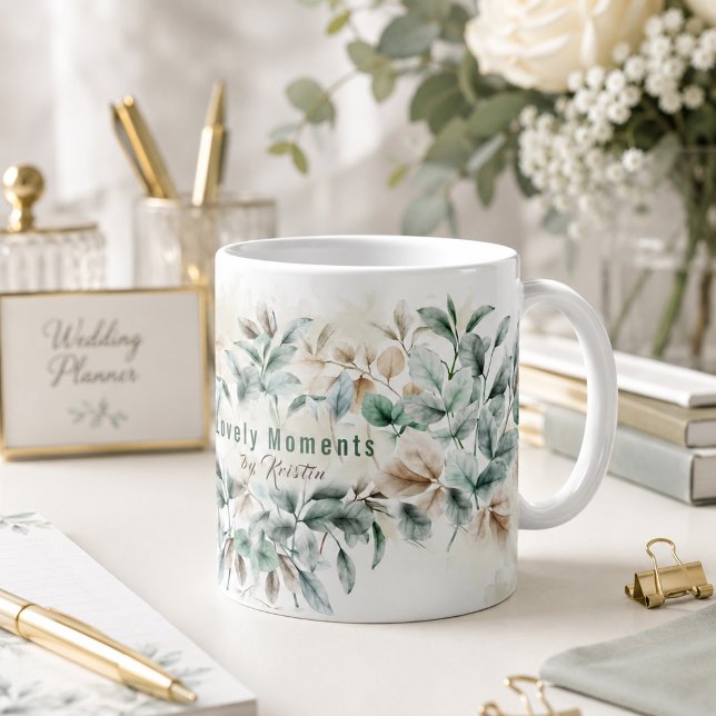 Elegant vattenfärg botanisk bröllopsplanerare  kaffemugg (Elegant botanical coffee mug for wedding planners, florists & creative entrepreneurs #greenery #sage)