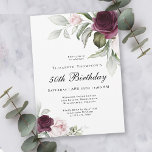Elegant Vattenfärg Botaniska födelsedag 50 Inbjudningar<br><div class="desc">Fira en speciell 50-årsdag, med den vackra festinbjudan med blommigt gräns i burgundi och rosa ros på vardera sidan av den elegant placerade texten. Färg omfattar blekens rosa, djup burgundröd och plommon blandad med eterisk grön och små vita accentblommor. Anpassa textmallen med din information. Du kan redigera åldern till vilken...</div>