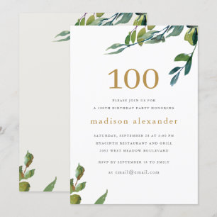 Elegant Vattenfärg Botaniskt 100:e födelsedag Inbjudningar
