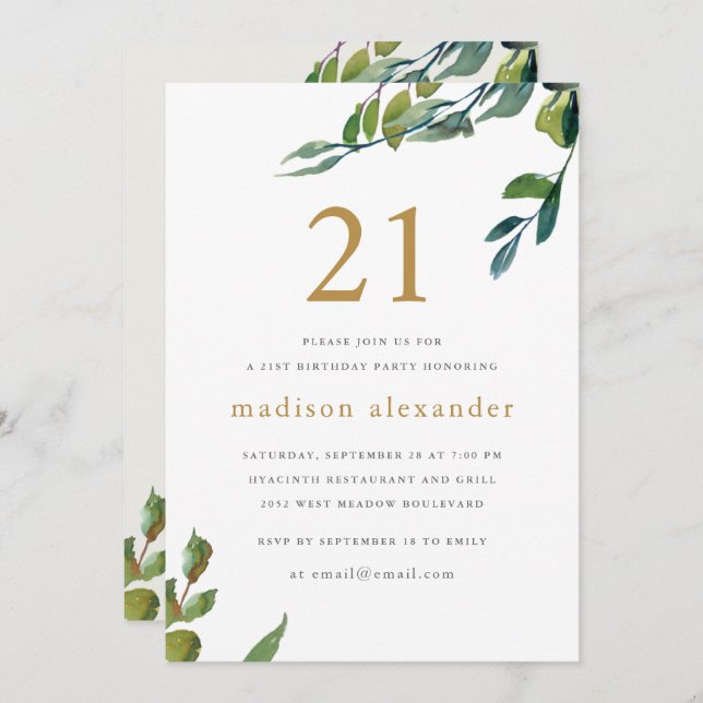 Elegant Vattenfärg Botaniskt 21:a födelsedag Inbjudningar (Fram/baksida)