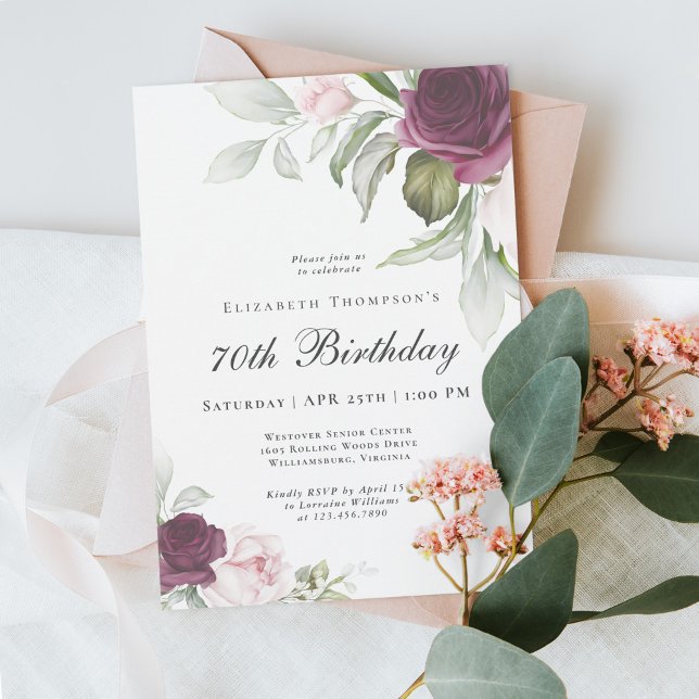 Elegant Vattenfärg Botaniskt 70:e födelsedag Inbjudningar (A beautifully feminine 70th birthday party invitation - available as printed or digital download!)
