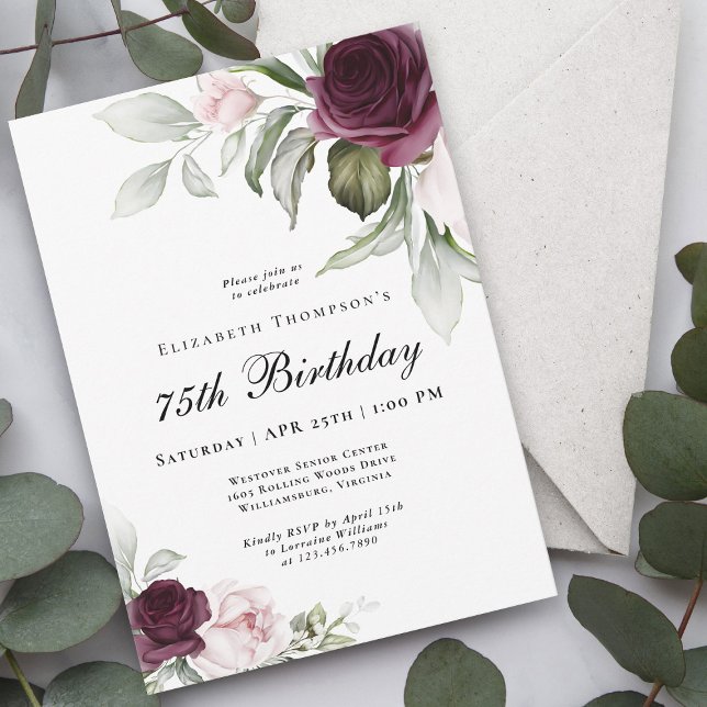 Elegant Vattenfärg Botaniskt 75:e födelsedag Inbjudningar (Stylish and feminine, this invitation is available as printed or digital download!)
