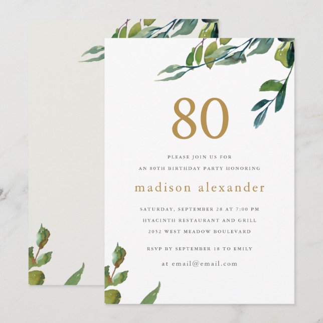 Elegant Vattenfärg Botaniskt 80:e födelsedag Inbjudningar (Fram/baksida)