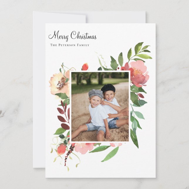 Elegant Vattenfärg Botaniskt Blommigt Foto Julkort (Framsida)