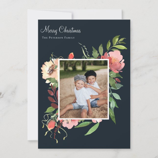 Elegant Vattenfärg Botaniskt Blommigt Foto Julkort (Framsida)