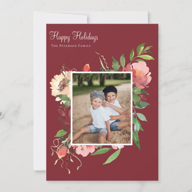 Elegant Vattenfärg Botaniskt Blommigt Foto Julkort (Framsida)