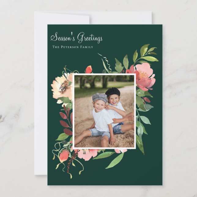 Elegant Vattenfärg Botaniskt Blommigt Foto Julkort (Framsida)