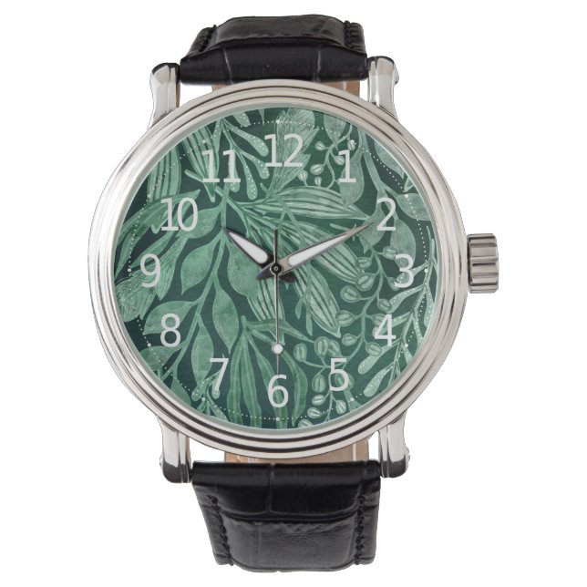 Elegant Vattenfärg Botaniskt Grönt Löv Artwork Armbandsur (Framsida)