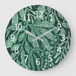 Elegant Vattenfärg Botaniskt Grönt Löv Artwork Stor Klocka