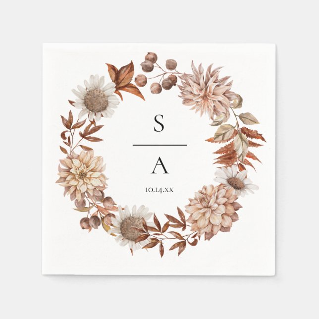 Elegant Vattenfärg Bränn Orange Blommigt Bröllop Pappersservett (Framsidan)