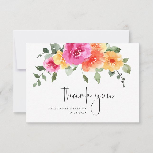 Elegant Vattenfärg Bright Flower Blommigt Bröllop Tack Kort (Framsida)