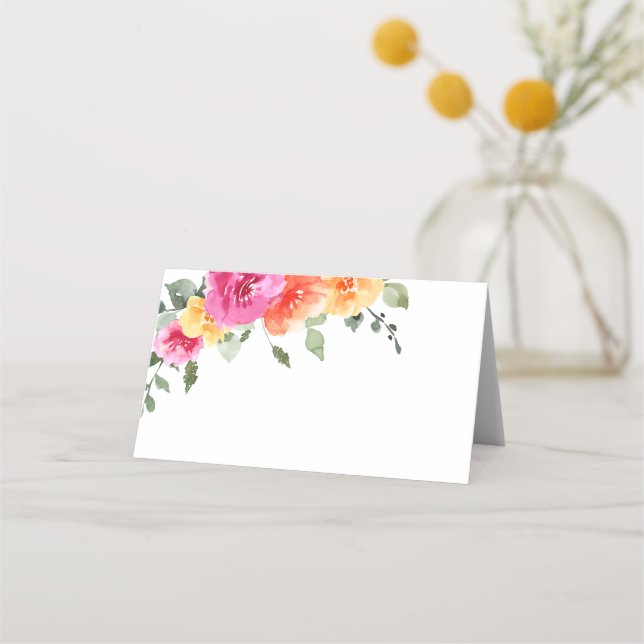 Elegant Vattenfärg Bright Flowers Blommigt Bröllop Placeringskort (Framsida)