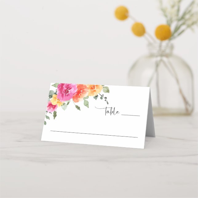 Elegant Vattenfärg Bright Flowers Blommigt Bröllop Placeringskort (Framsida)