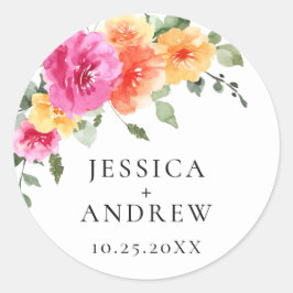 Elegant Vattenfärg Bright Flowers Bröllop Runt Klistermärke