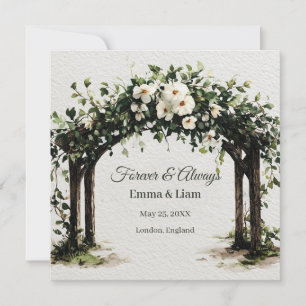 Elegant vattenfärg bröllopsbåge med vita blommor inbjudningar